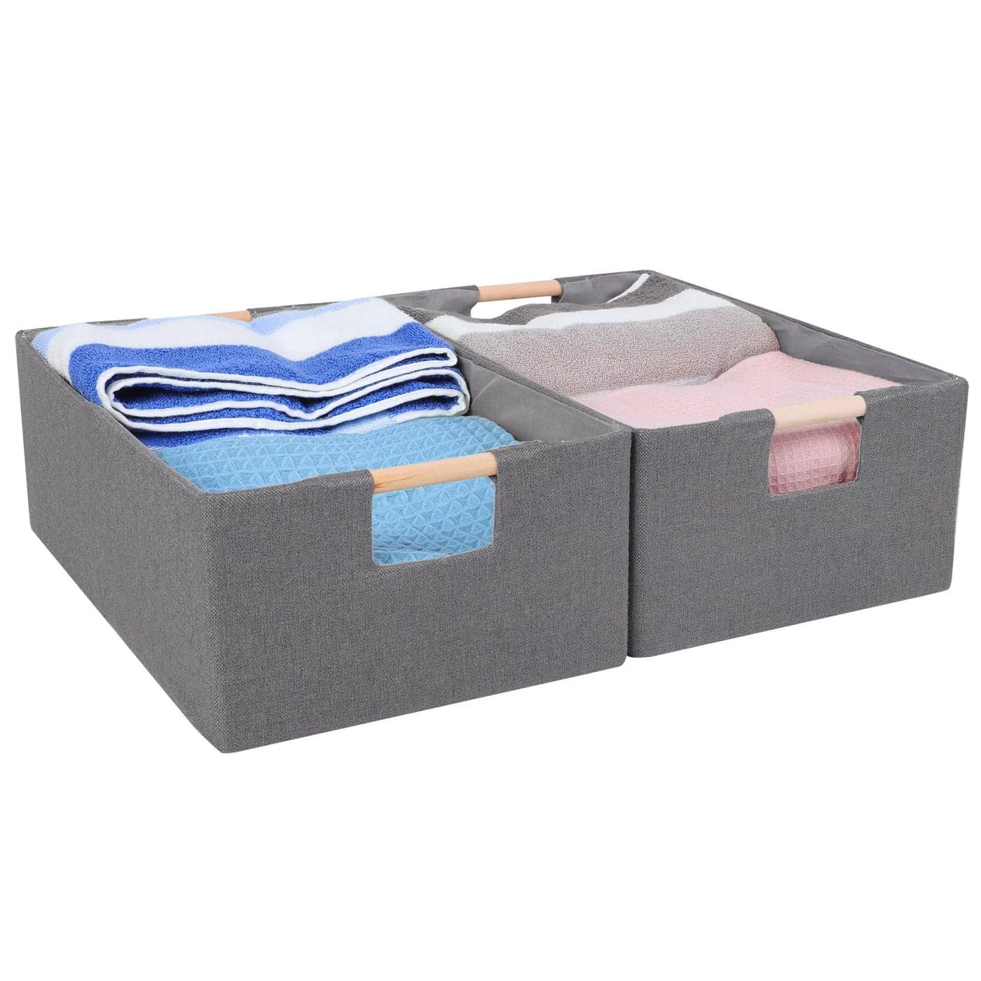 ANMINY 2PCS Storage Baskets for Organizing Collapsible Fabric Storage Bins Boxes with Wood Handles Closet Shelves Cube Organizer Bins Clothes Laundry Storage Container Medium Gray
