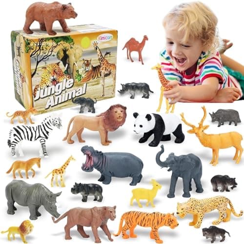 24Pcs Safari Zoo Animals Figures Realistic Plastic Animal Toys Set for Kids 1 2 3 Educational Jungle Animals Figures Playset Party Supplies Birthday Gifts for Toddlers Boys Girls