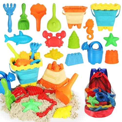 Elovien Beach Sand Toys Set 24PCS Sandbox Toys with Mesh Backpack Bag Included 2 Foldable Buckets Pails Sand Molds Shovels Rakes and Watering Can Summer Outdoor Toys for Kids Toddlers Boys Girls