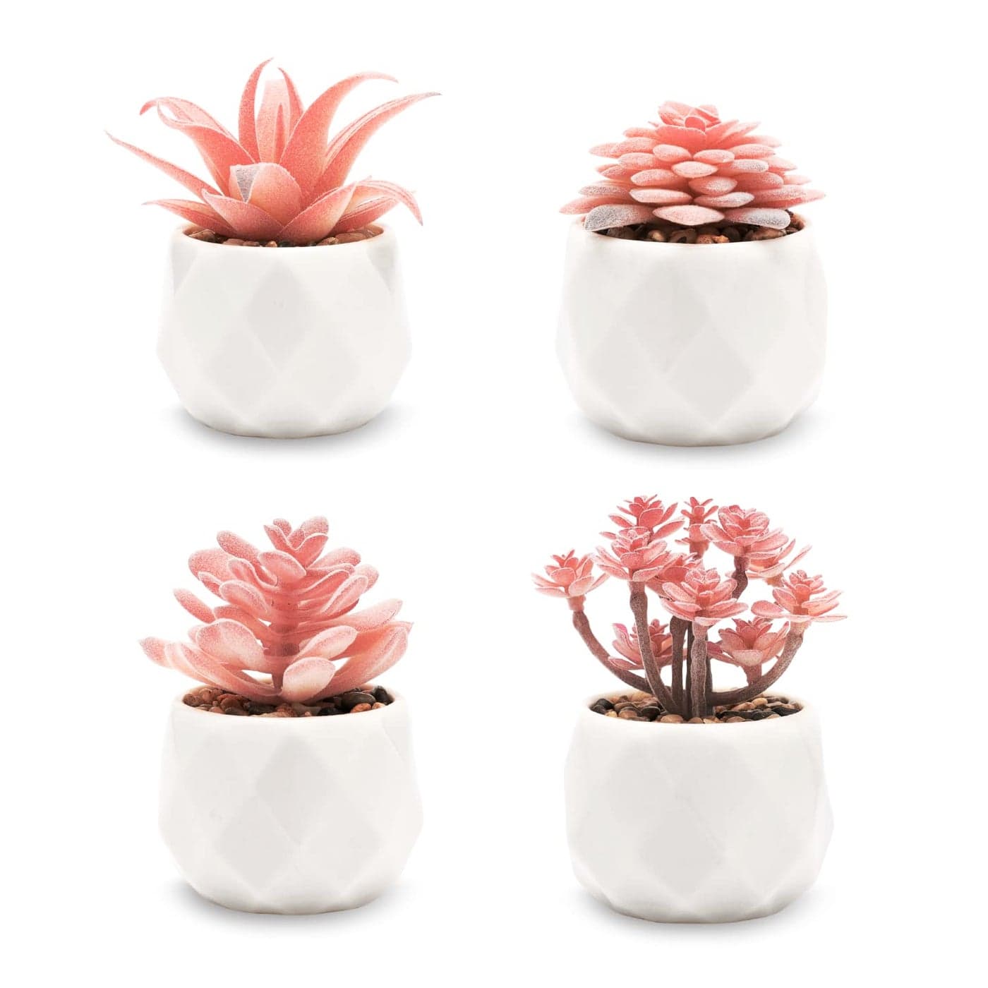 VIVERIE Mini Succulents Plants Artificial in PotsRose Pink Christmas Small Fake Succulents Plants for Home Halloween Decor Indoor for Women White Ceramic Set of 4 Gifts for Mom