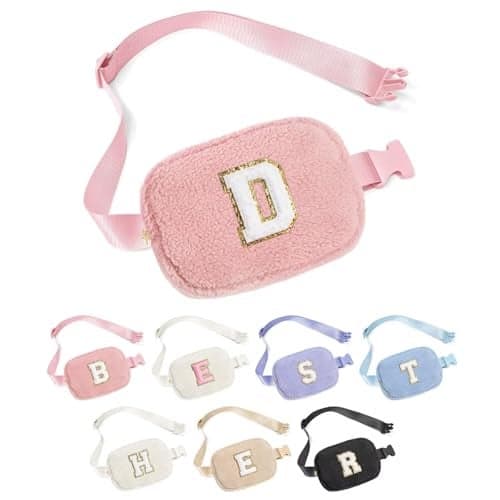 YOOLIFE Fanny Packs for Women - Initial Crossbody Bags for Women Belt Bag Pink Fleece Cross Body Bag for Woman Sling Bag Travel Gifts for Women D, Small