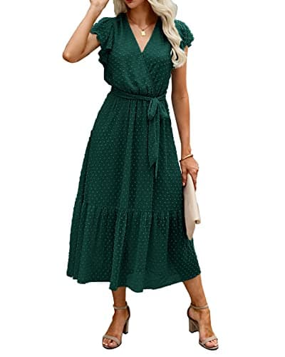 BTFBM Women Summer Bohemian Floral Casual Wrap V Neck Ruffle Cap Sleeveless Belt A-Line Pleated Hem Swing Midi Sun Dress (Swiss Dot Dark Green, Large)