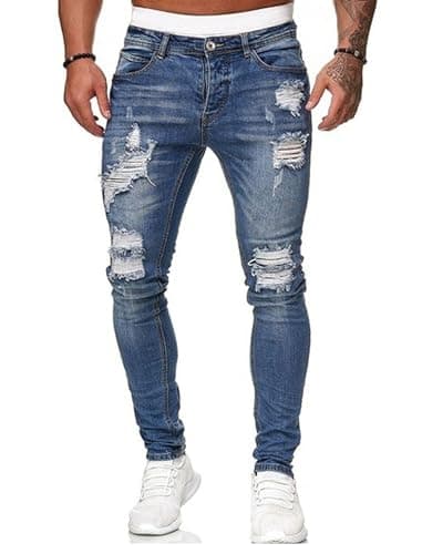 HUNGSON Men's Blue Slim Fit Jeans Stretch Destroyed Ripped Skinny Jeans Side Striped Denim Pants(LBlue,32)