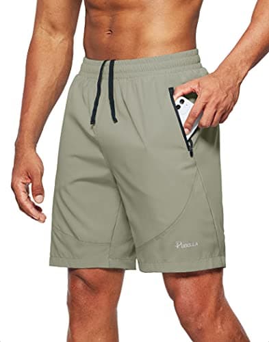 Pudolla Men's Workout Running Shorts Lightweight Gym Athletic Shorts for Men with Zipper Pockets (Aloe Green Large)