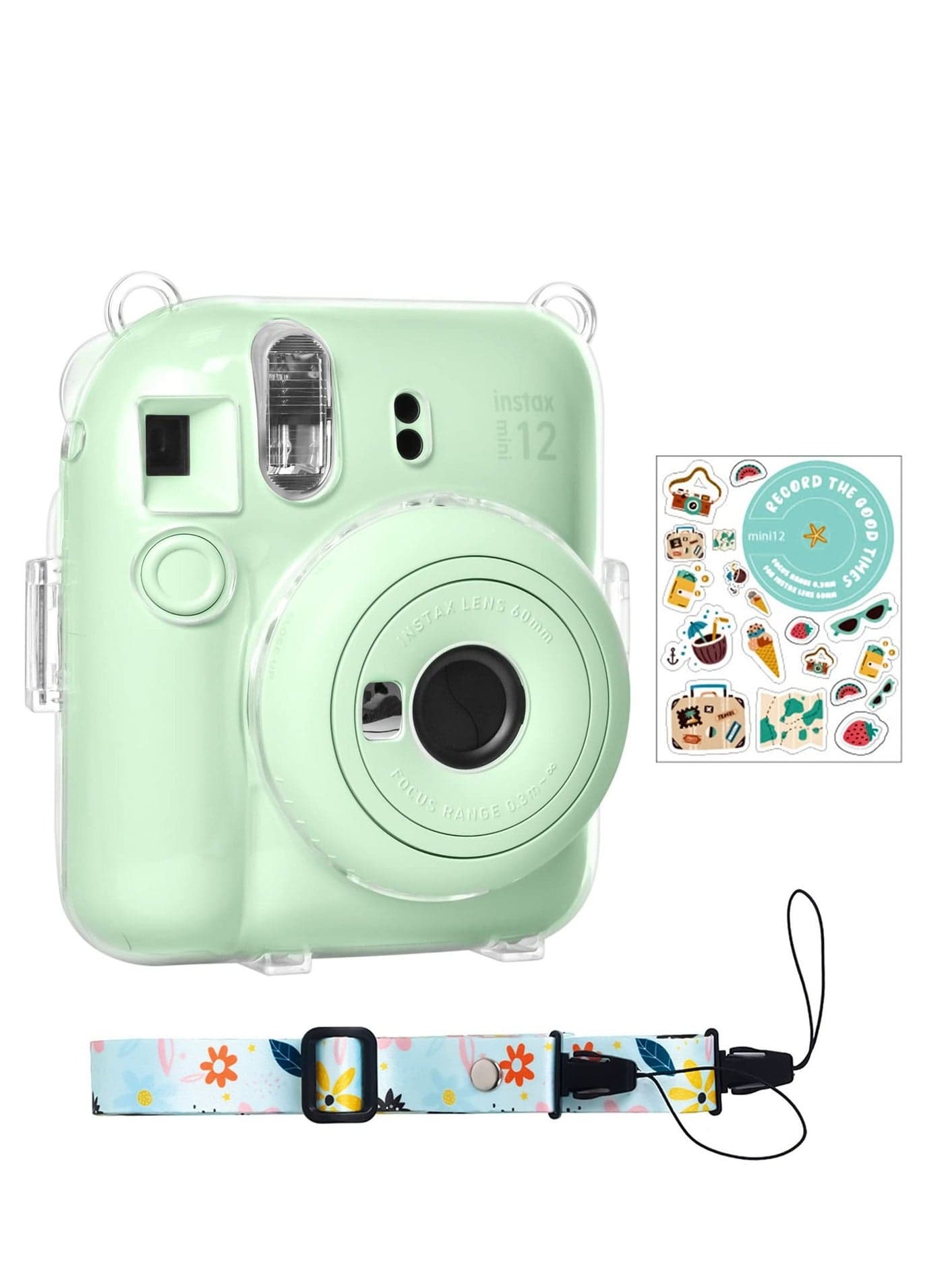 Clear Case for Fuji Instax Mini 12 /Polaroid 12, Fujifilm Instant Camera with Back Photos Pocket, Shoulder Strap and Beautiful Sticker