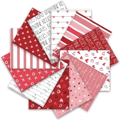 JarThenaAMCS 12 Pcs Valentines Day Fabric Squares Cotton Fabric Bundles Small Red Pink White Love Heart Sewing Fabrics for DIY Sewing Craft Decor 10 x 10 Inch