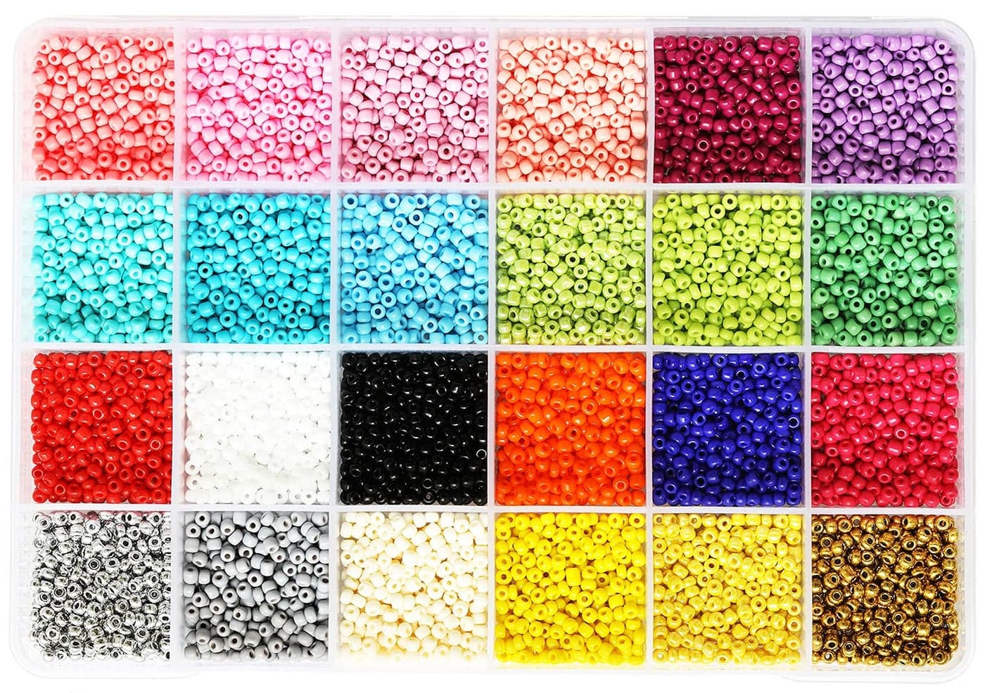 KERGAEN 8/0 Glass Seed Beads - 7200pcs (3mm) 24 Colors Jewelry Making Kit with Storage Box, Ideal for Bracelets, Necklaces, DIY Crafts