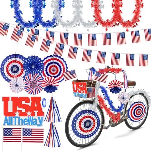 MOVINPE Patriotic Bike Decor Set 4th of July Bicycle Decorations USA All The Way Sign Hanging Paper Fans Tinsel Garland Streamer Flags Banner Independence Day Kids Bike Parade BlueRedWhite