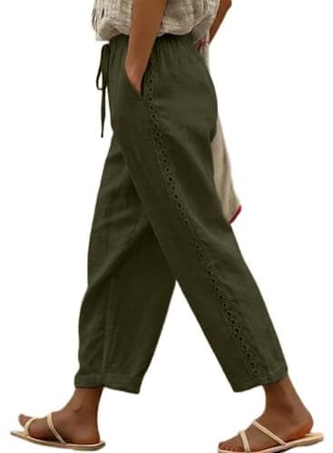 Acelitt Womens Casual Linen Pants Lightweight Drawstring Elastic Waist Summer 2026 Beach Ankle Pants Trousers Green Medium