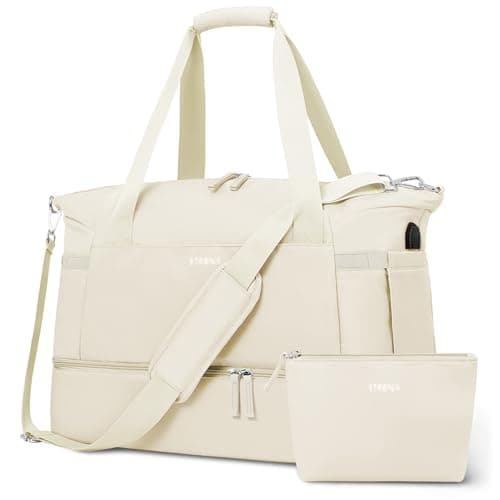 ETRONIK Gym Bag for Women, 45L Carry On Travel Duffel Bag with Shoes Compartment, Weekender Overnight Bag with Wet Pocket & USB Charging Port for Women, Travel, Gym, Weekend, Large Size (Beige)