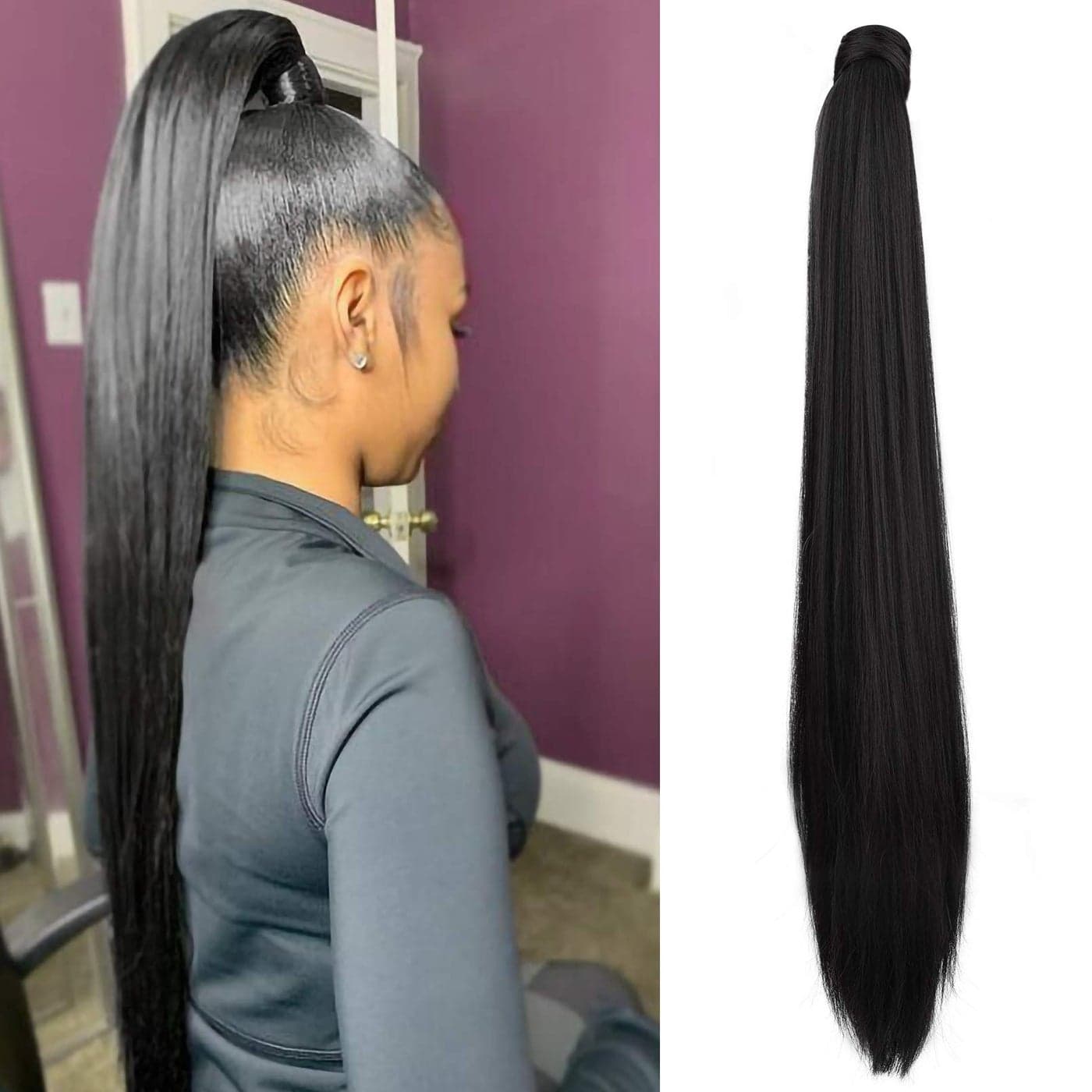 SEIKEA 32 Inch Clip in Ponytail Extension Wrap Around Long Straight Pony Tail Hair Synthetic Hairpiece for Women Black