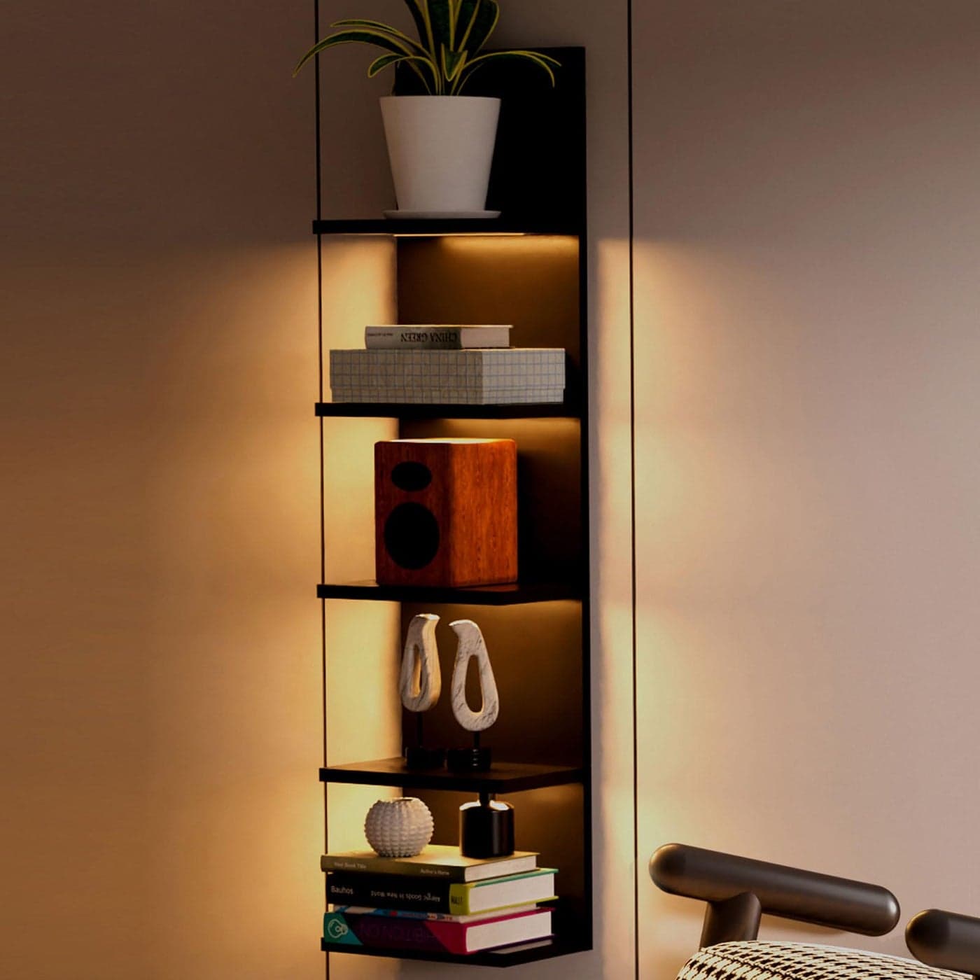 Homaterial 5 Tier Wall Shelf Unit Black Modern Vertical Lack Wall Shelves with Light Wall Mount Floating Column Home Decor Shelves for Bedroom Living Room Vanity Storage Display