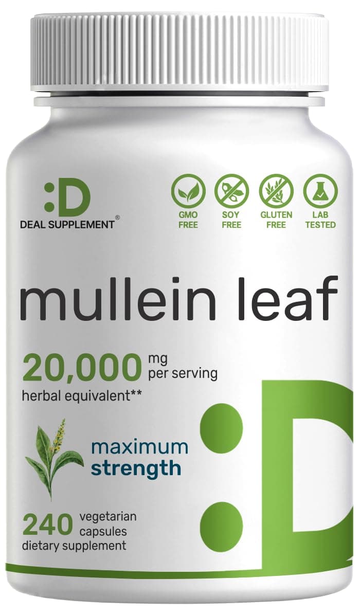 Mullein Leaf Extract 20000mg 240 Veggie Capsules 4 Month Supply Lung Cleanse Detox Herbal Supplement Supports Respiratory Immune Health NonGMO Vegan