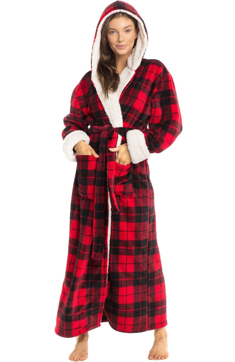 Alexander Del Rossa Sherpa Robes for Women Long Womens Robes Long Hooded Bathrobes for Women Plus Size Robe with Hood Red Black Plaid with Cream Small A0273Q42SM