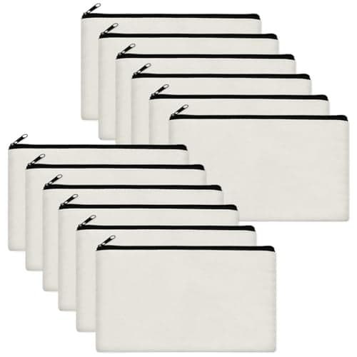 Legigo 12 Pack Blank Canvas Bag Zipper Pouch Makeup Bags Bulk- Multi-Purpose Beige Canvas Pencil Pouch with Zipper, Cosmetic Bag Travel Toiletry Bag for DIY Craft Projects, Storage (8.3 x 5 inches)