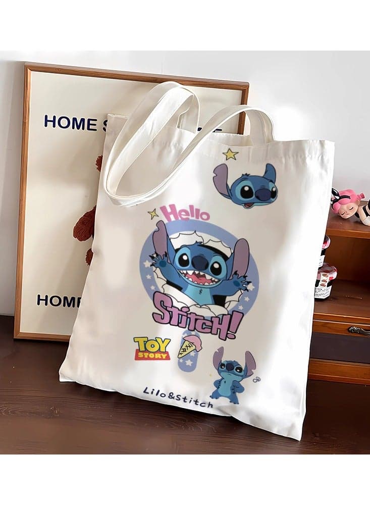Cartoon Stitch double-sided pattern canvas tote bag, student class bag tote bag, reusable beautiful environmentally friendly bag, book shopping groceries cute cotton tote bag