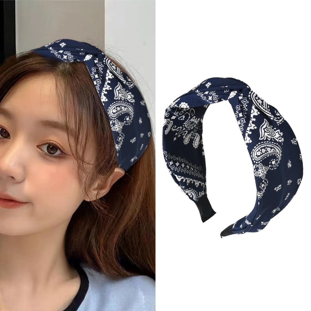 Guqqeuc Knotted Bandana Headband Paisley Boho Hairband for Women Girls Pattern Turban Head Bands for Women Wide Twist Hair Bands for Short Long Hair Accessories Navy Blue