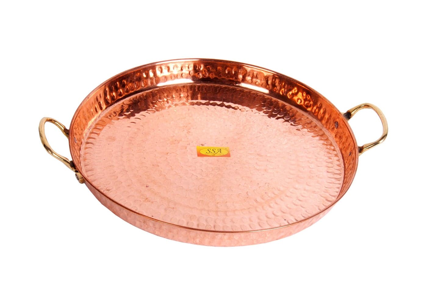 SHIV SHAKTI ARTS® Handmade Pure Copper Big Cu Platter/Serving Plate Tray Hammered Design with Brass Handle Dinnerware, Homeware, Kitchenware::Set of 1
