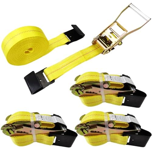 KJE Flat Hook Ratchet Straps4 Pack Heavy Duty Tie Down Straps 2 x 27 Weather Resistant Cargo Strap 3333 Pound Working Load Limit for Flatbed Truck Trailers Pickup