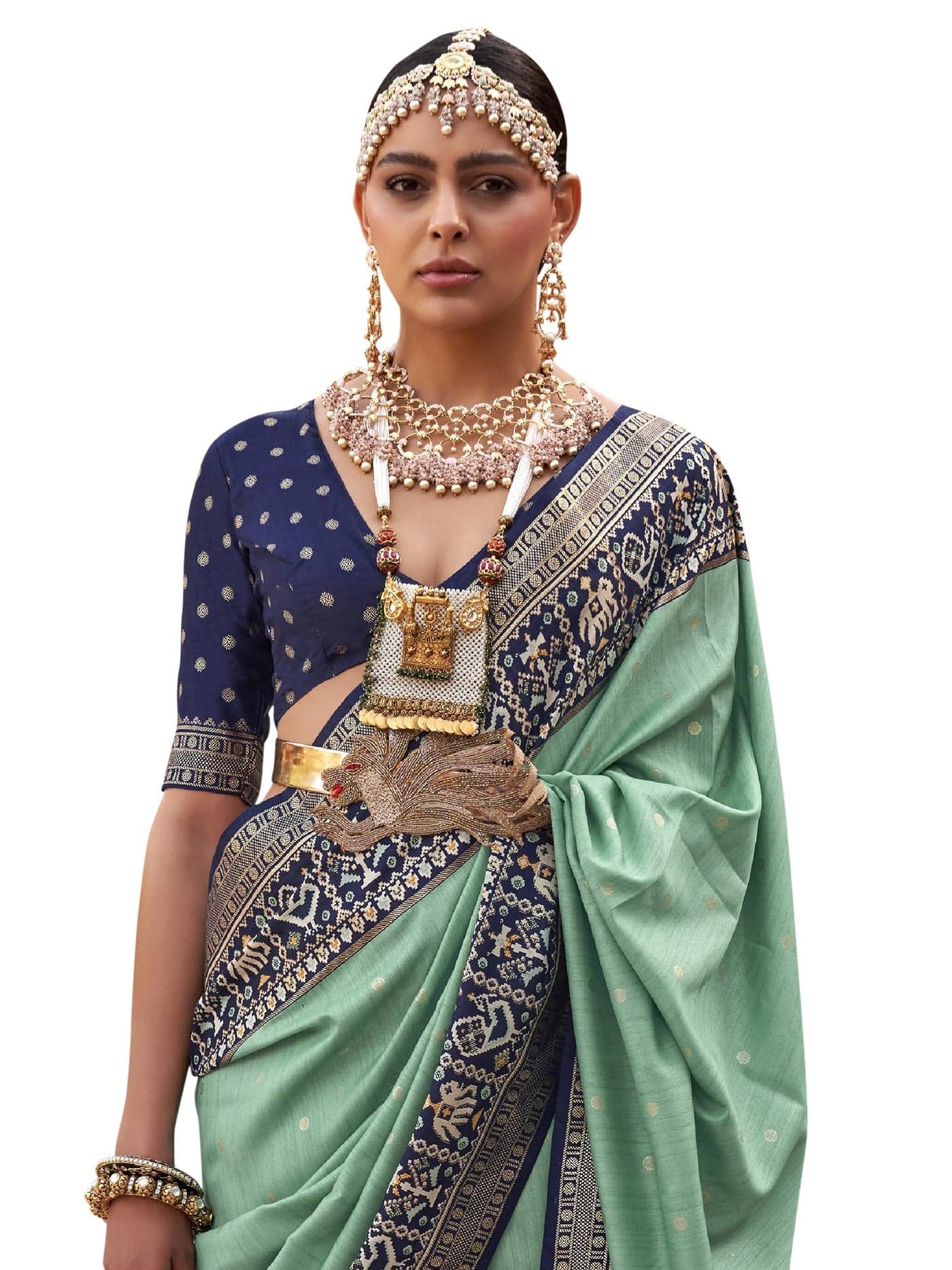 SAREE MALL Woven Design Zari Work Pure Patola Silk Saree For Women With Unstitched Blouse Piece, Green