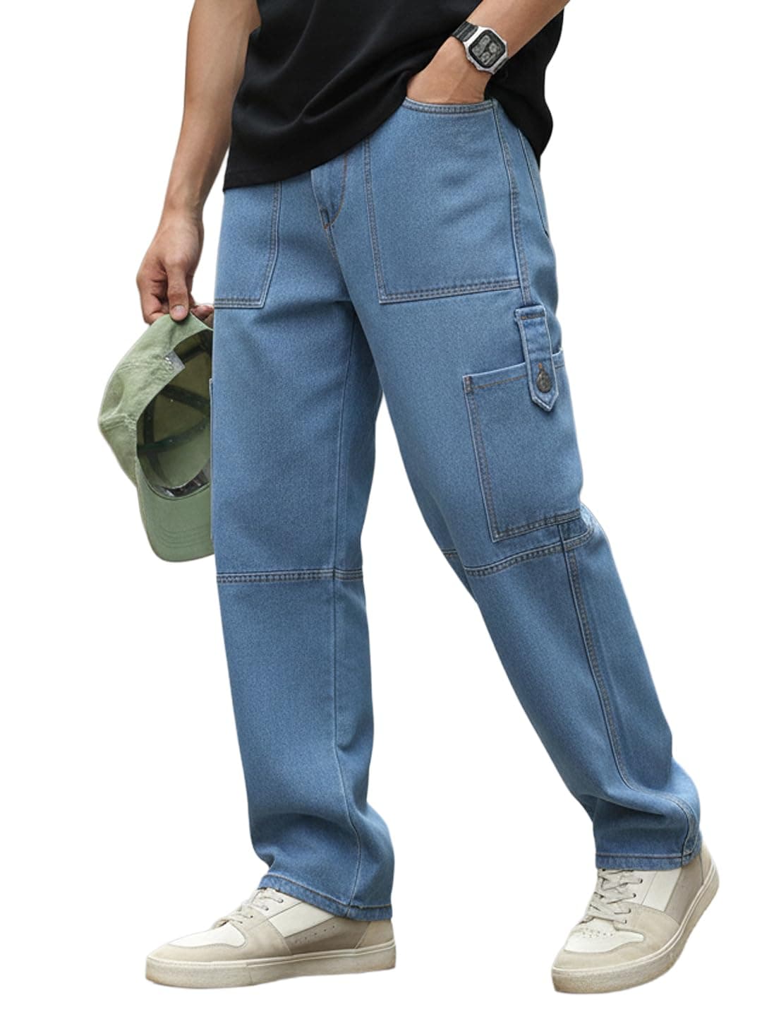 Urbano Fashion Men's Light Blue Loose Baggy Fit Washed Cargo Jeans with 6 Pockets Non-Stretchable (jeanlscargo-02-lblue-36)