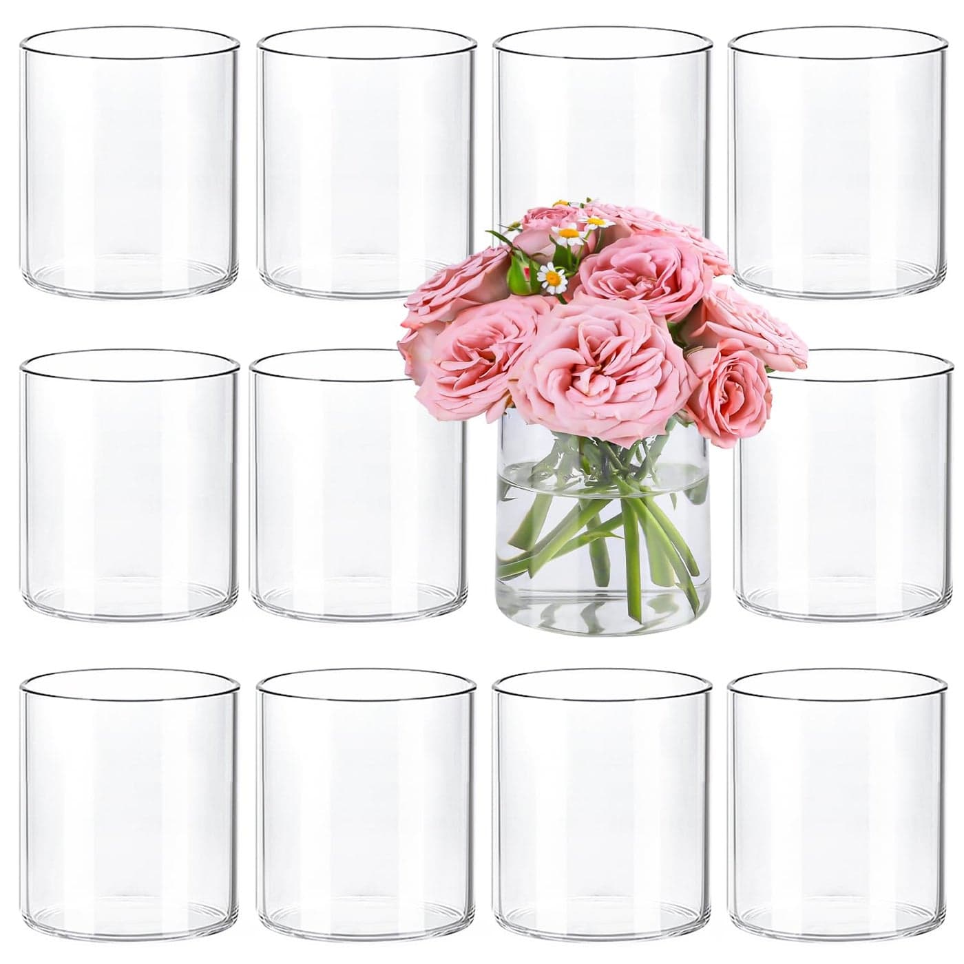 TBWIND 12pcs Small Glass Cylinder Vases for Centerpieces 4 Inch Clear Flowers Vase for Wedding Decorations Glass Hurricane Candle Holder for Home Decor Table Centerpiece