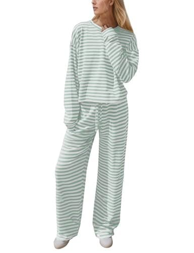 Ythomm Striped Pajamas Womens 2 Piece Sets Long Sleeve Tee Shirts Drawstring Wide Leg Pants Matching Sets Fall Lounge Outfits Green