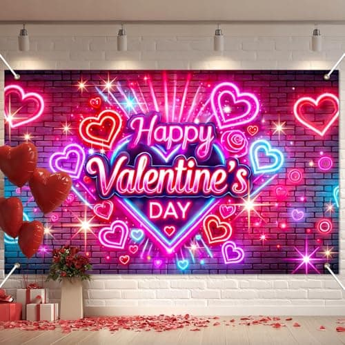 BlissYard Valentine’s Day Neon Banner Happy Valentine Backdrop Love Heart Light Effect Background for Valentine Party Decoration Romantic Photo Booth Anniversary Proposal Decor