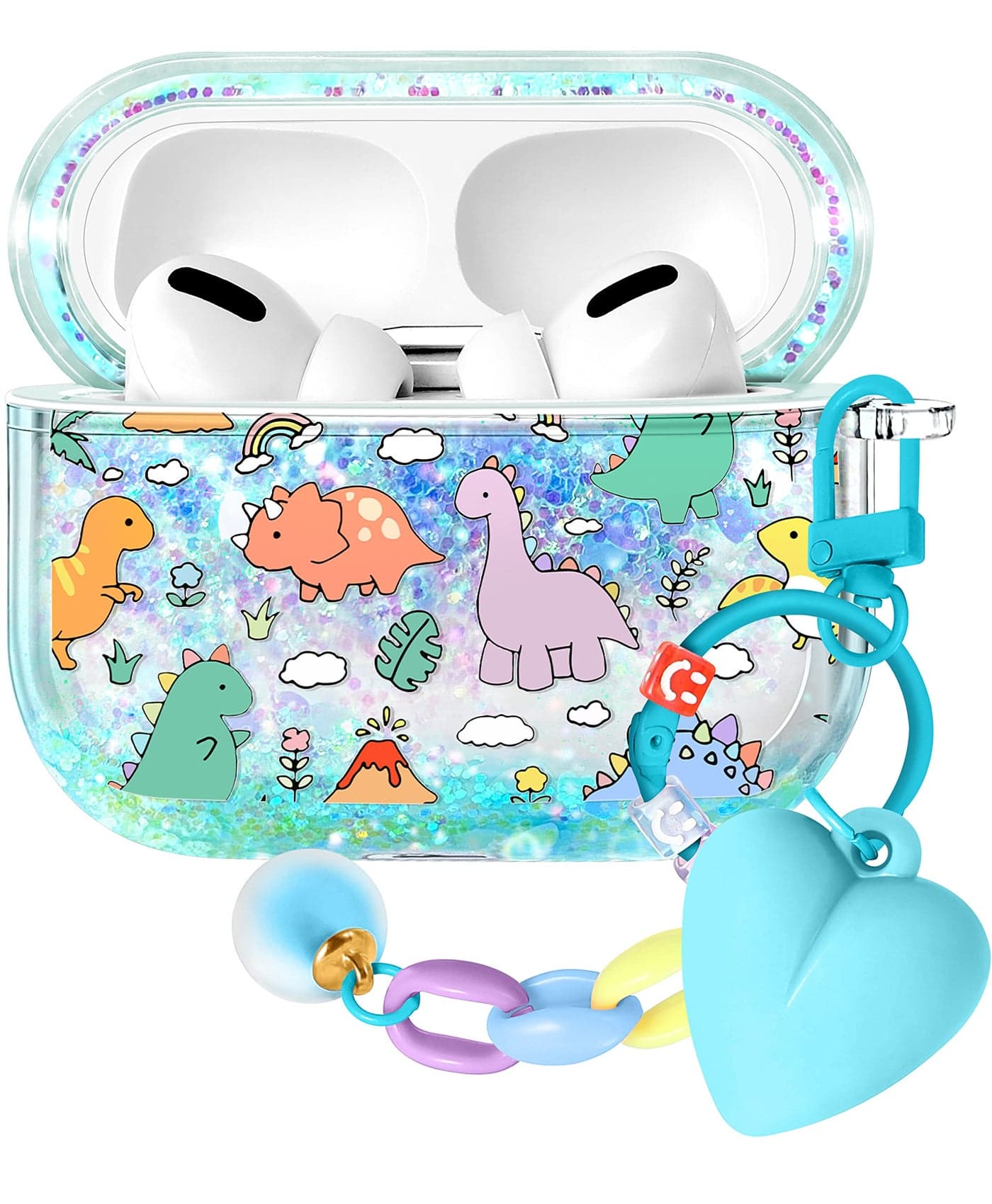 Kokaaee for Apple for Airpod Pro 2/1 Case - Kawaii Cute Girly Aesthetic Girls Women Protector Liquid Glitter Bling Sparkly Design Keychain Cover Funda for Air Pod Pro 2/1 Gen, Dinosaur