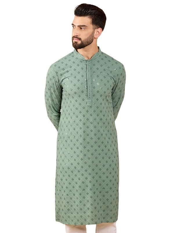 Ethnic Bay Men's Green Viscose Rayon Solid Long Kurta | Men's Kurta | Solid Kurta for Men | Regular Fit Kurta for Men (MKU1050, M)