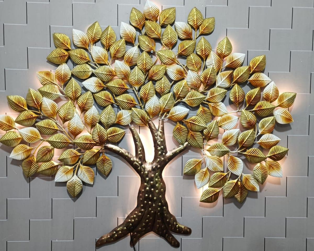 AntarYuga Metal Tree Wall Art with LED | Rajasthani Ethnic Handcrafted Tree Wall Art for Home, Office, Living Room Decoration | LED Wall Hanging Modern Décor Item - Golden 120X5X108 Cm