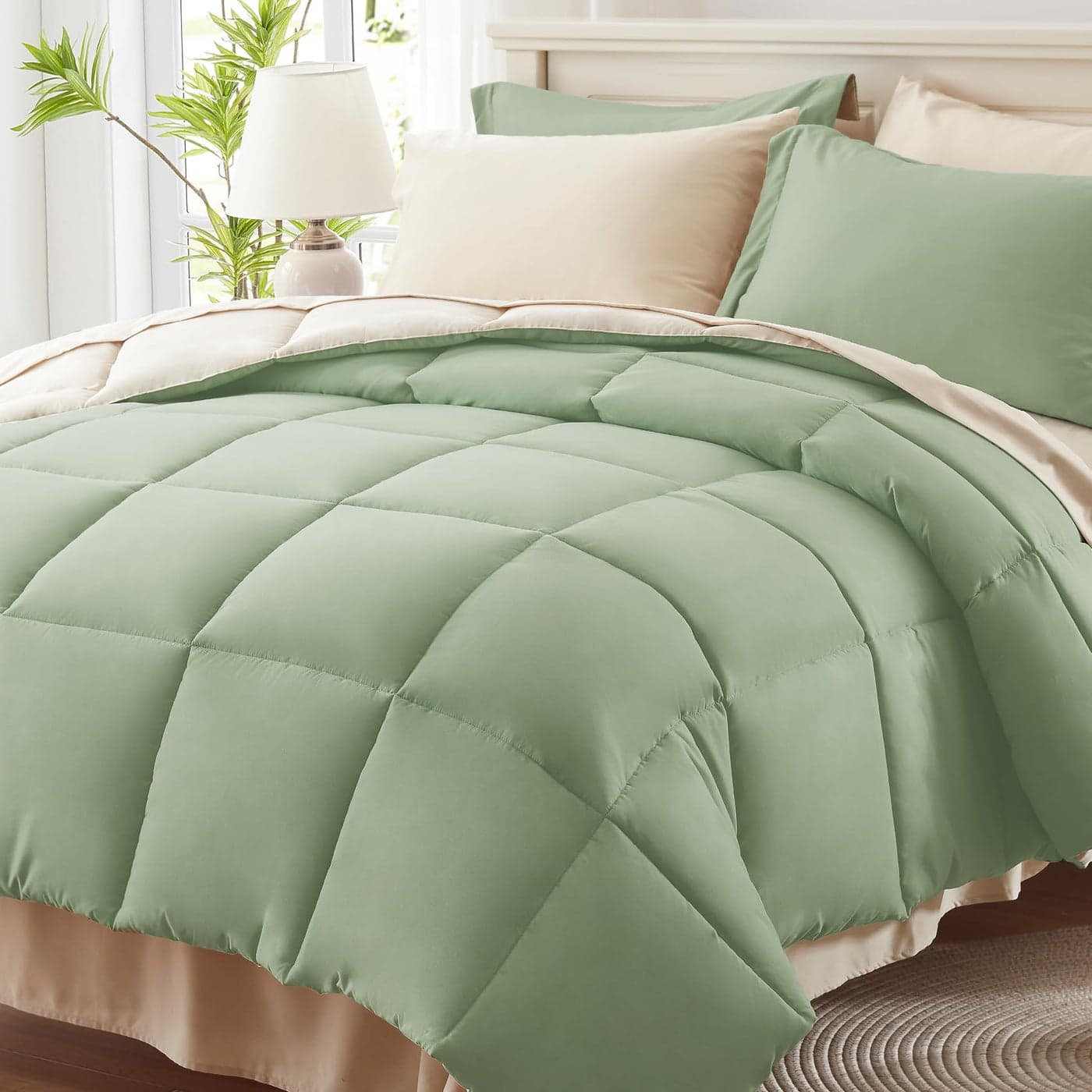 Anluoer Twin Size Bed in a Bag 5 Pieces Sage Green Bed Comforter Set with Sheets All Season Bedding Sets with 1 Comforter 1 Pillow Sham 1 Pillowcase 1 Flat Sheet 1 Fitted Sheet