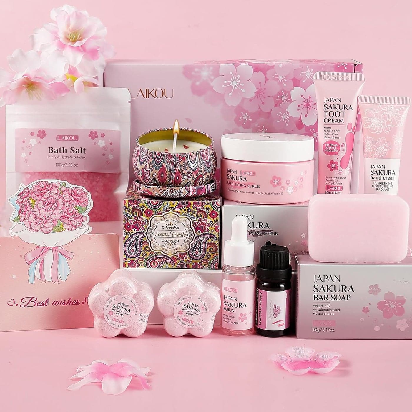 LAIKOU Sakura Bath Gift Set 10PCS Aromatherapy Pamper Gifts for Women Relaxation SPA Ladies Self Care Package Mothers Day Christmas Birthday Gifts for Her Friend Sister Mum Wife