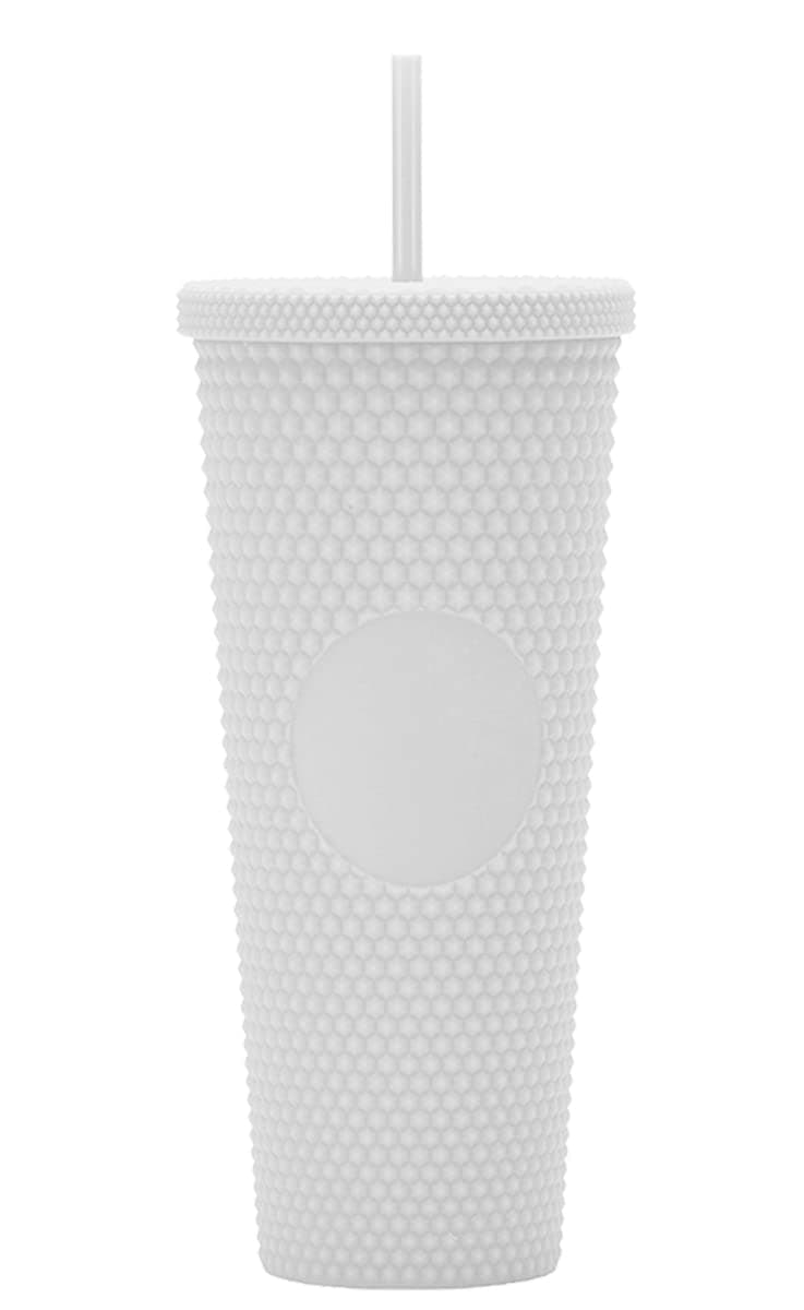 Essasea 24oz DIY Studded TumblerMatte White Studded Tumbler with Lid and StrawReusable Double Walled Insulated Travel TumblerPlastic Acrylic Pastel Colored Tumbler Cup for Iced Coffee Smoothie