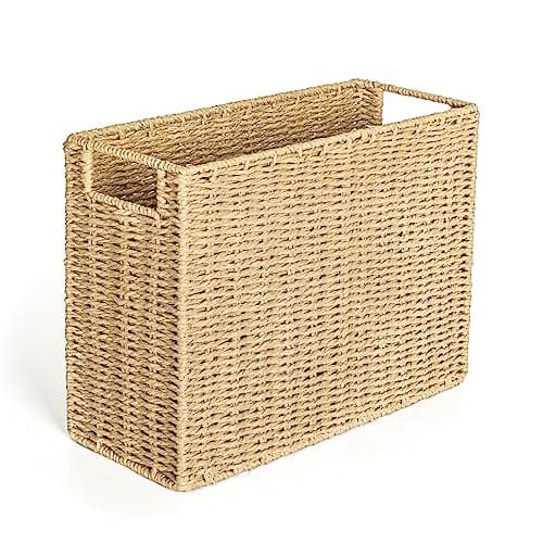 AELS Woven Natural Fibre Magazine Holder, Magazine Rack Floor, Hand-woven Magazine Organizer, Natural Paper Rope Magazine Basket with Handles, Boho Modern Farmhouse Book Basket, Newspaper Holder