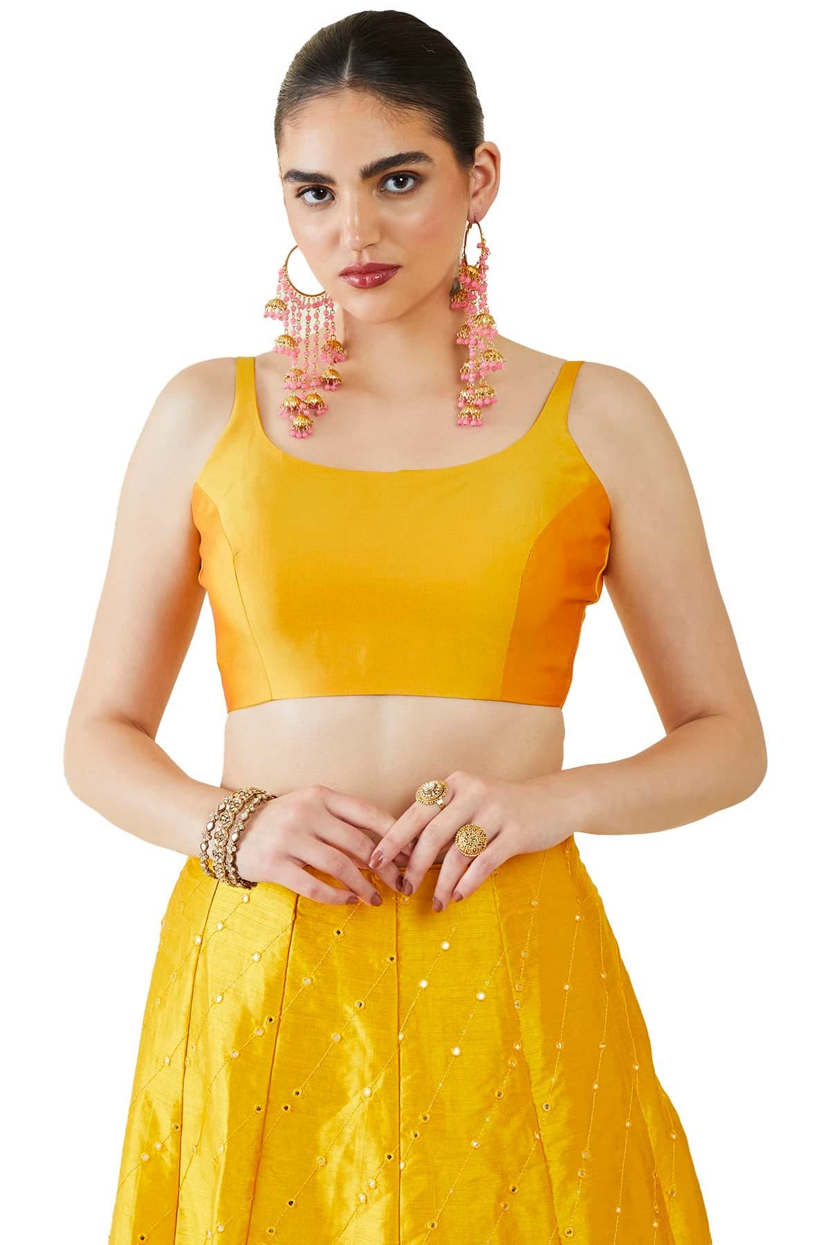 Soch Womens Mustard Taffeta Solid Sleeveless Padded Blouse