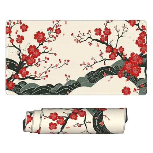 AQQA Japanese Desk Mat, Cherry Blossom Waves Large Gaming Mouse Pad, XL Anime Gaming Keyboard Mat Non-Slip Rubber Base Mousepad Desk Decor for Women Home Office, 31.5”x15.7”
