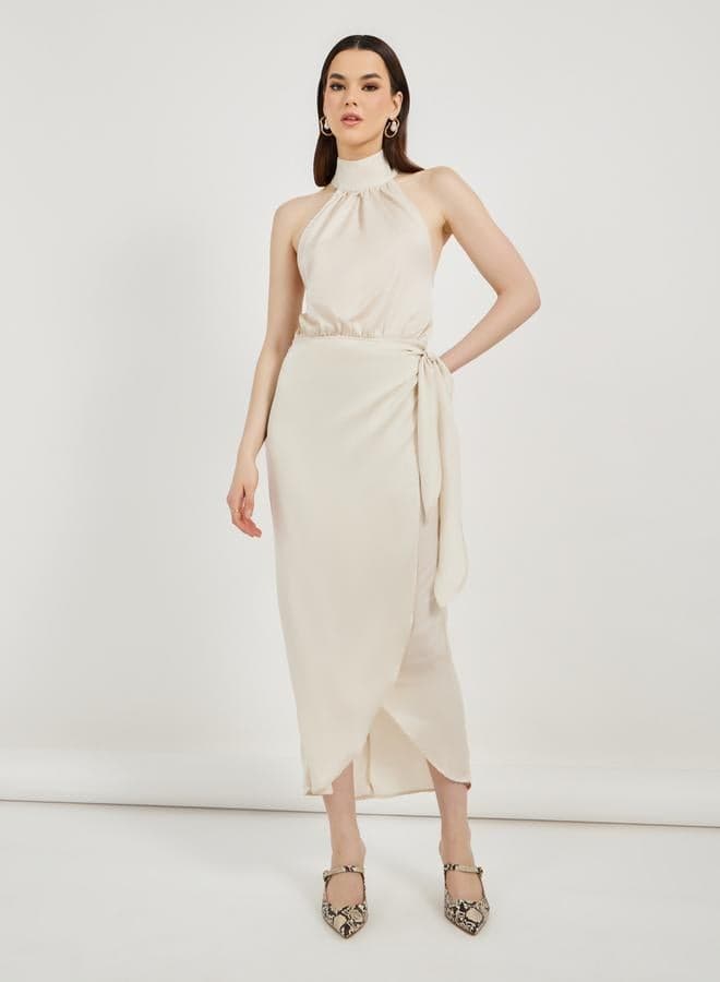 Halter Neck Wrap Midi Dress With Tie Up Detail
