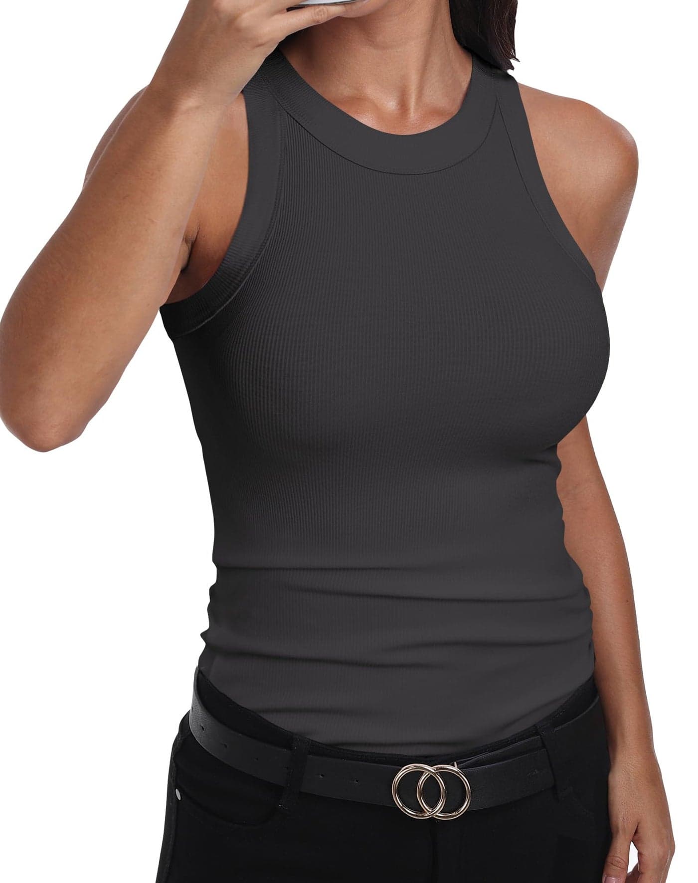GEMBERA Womens Sleeveless Racerback High Neck Basic Ribbed Knit Fitted Tank Top,Charcoal Dark Grey,M