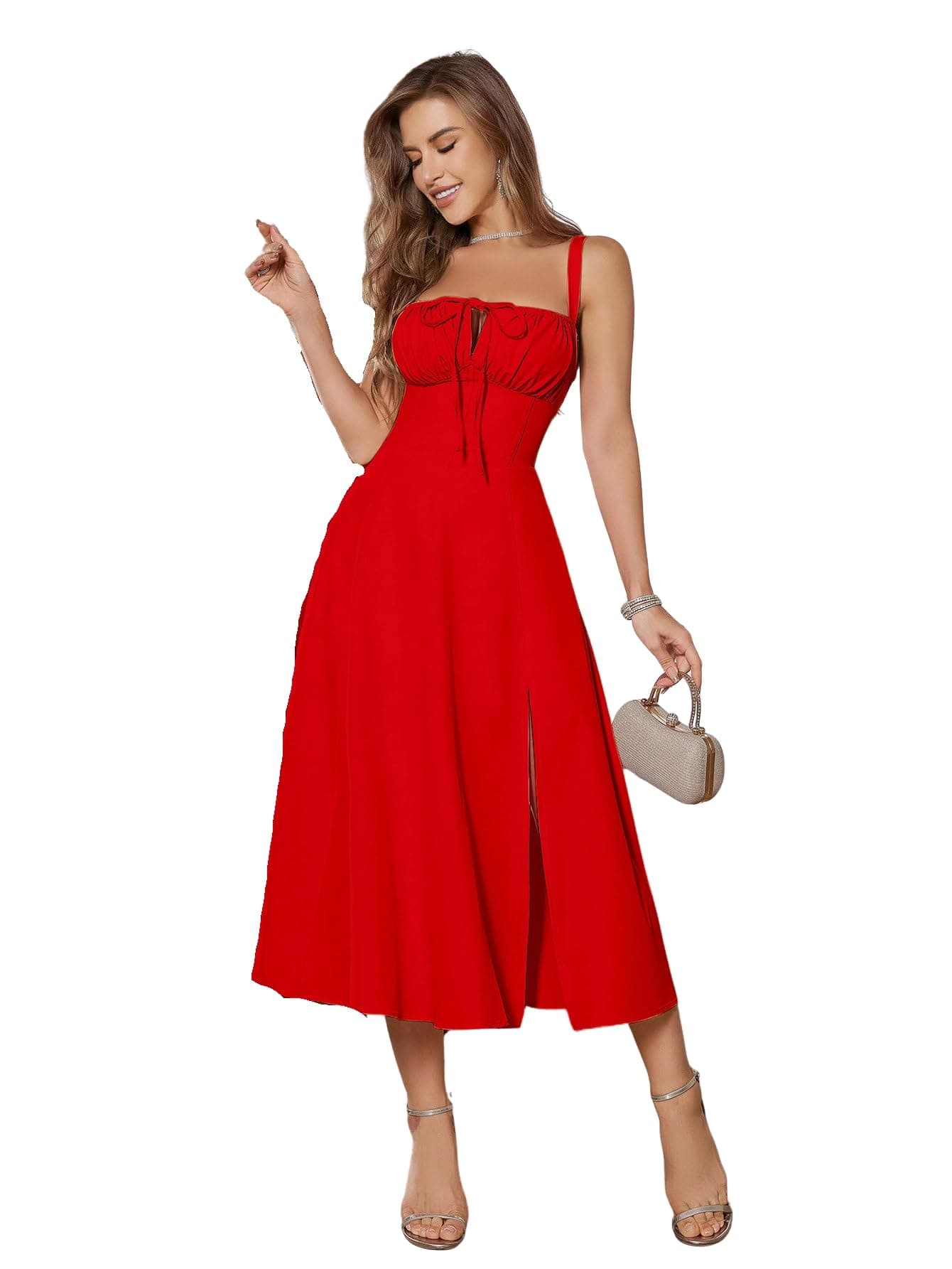 MULVARI Red Solid Lace Up Backless Ruched Boning Spaghetti Strap Slim Fit Long Cami Dress for Women's & Girl's(341-Red-S)