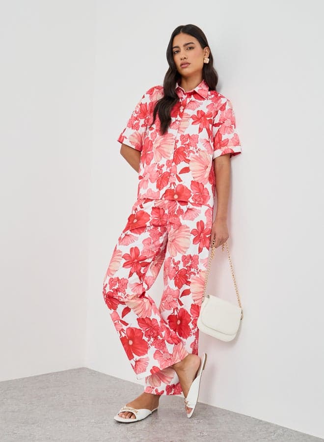 Printed Collared Buttoned Shirt and Pants Co-Ords