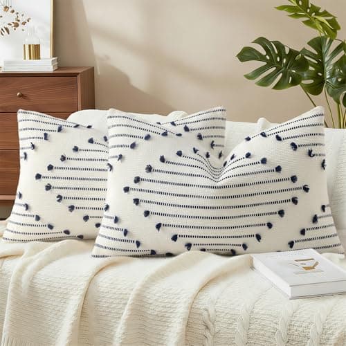 Mecatny Boho Summer Outdoor Throw Pillow Covers 12X20 Set of 2, Farmhouse Lumbar Pillow Covers for Couch Sofa Living Room, Navy & Cream White