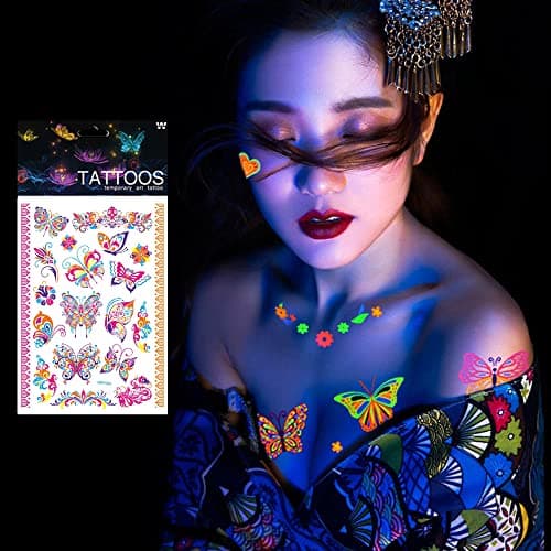 S.A.V.I Neon Temporary Tattoos, Glow UV Neon Body Face Skin Large Tattoo, Butterflies, Flowers, Armband, Tattoos Flash Fake Waterproof Tattoo Stickers for Women Men Girls Body Art, Size- 21x15CM