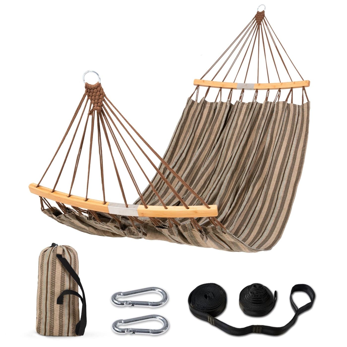 SUNCREAT Hammocks Double Hammock with Curved Spreader Bar Outdoor Camping Portable Hammock with Carrying Bag Tree Straps for Patio Backyard Balcony Max 450lbs Capacity Brown