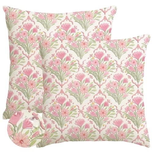 RABUSOFA Spring Flower Outdoor Pillow Covers 18x18 Inch Set of 2 Waterproof for Outside, Summer Pink Floral Plaid Farmhouse Indoor Cushion Cases Decoration for Home Sofa Couch (Pink, 18" x 18")