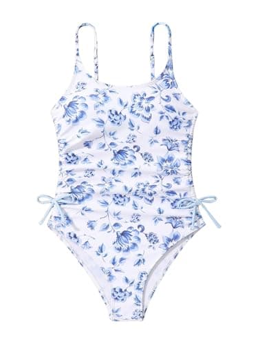 Milumia Girl's Floral One Piece Swimsuit Bow Tie Side Spaghetti Strap Bathing Suit Blue and White 10 Years