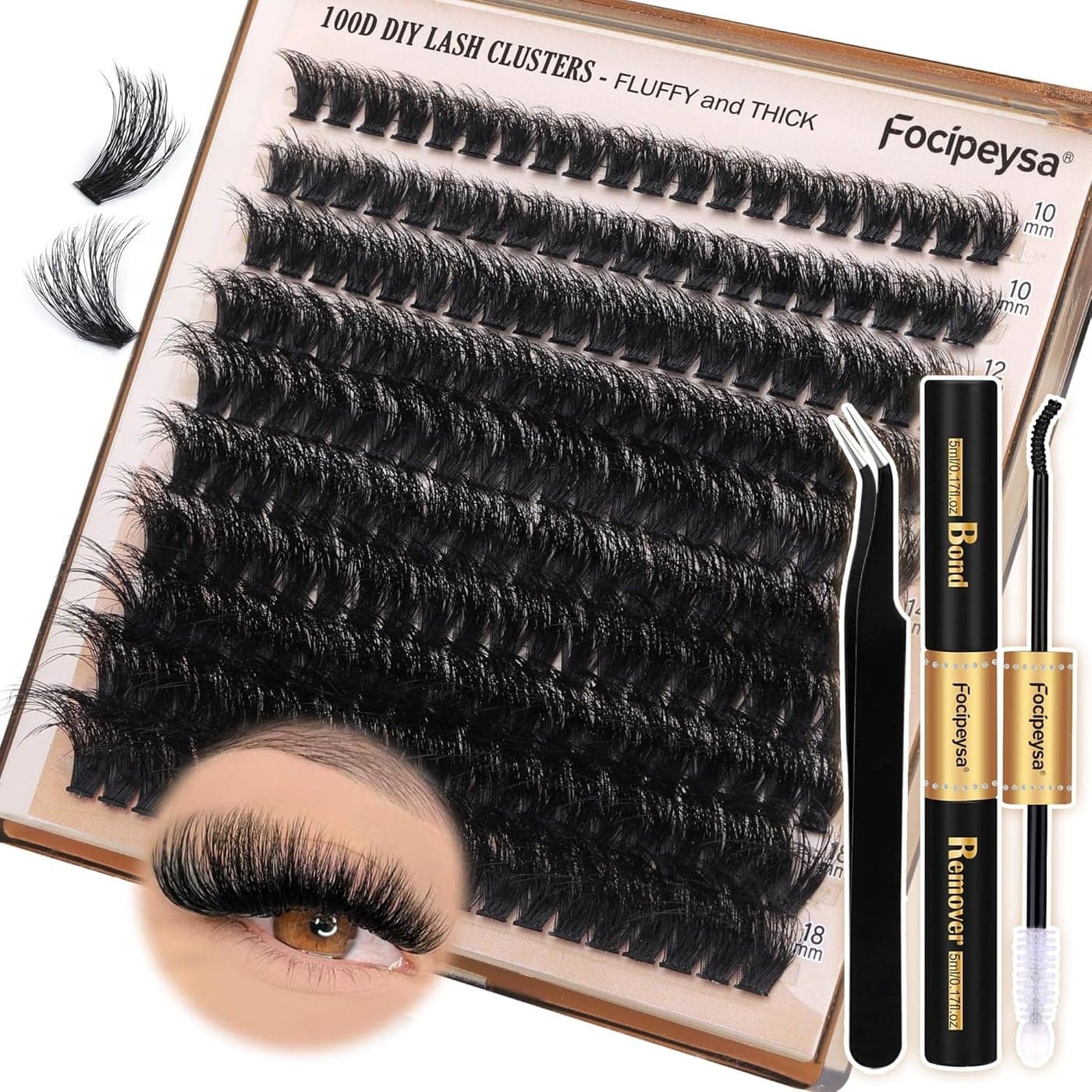 Fluffy Eyelash Extension Kit Volume Lash Clusters Kit 10-18mm Individual Lashes Clusters 100D DIY Lash Extension Kit 200pcs Clusters Lash with Bond and Remover Lash Applicator by Focipeysa