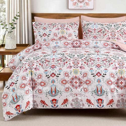 DHSFKBE Boho Comforter Set King - 7 Pieces Bed in a Bag Floral Design, Bohemian Comforter Set with Sheets, Soft Microfiber Complete Bedding Sets All Season (Light Pink, King)