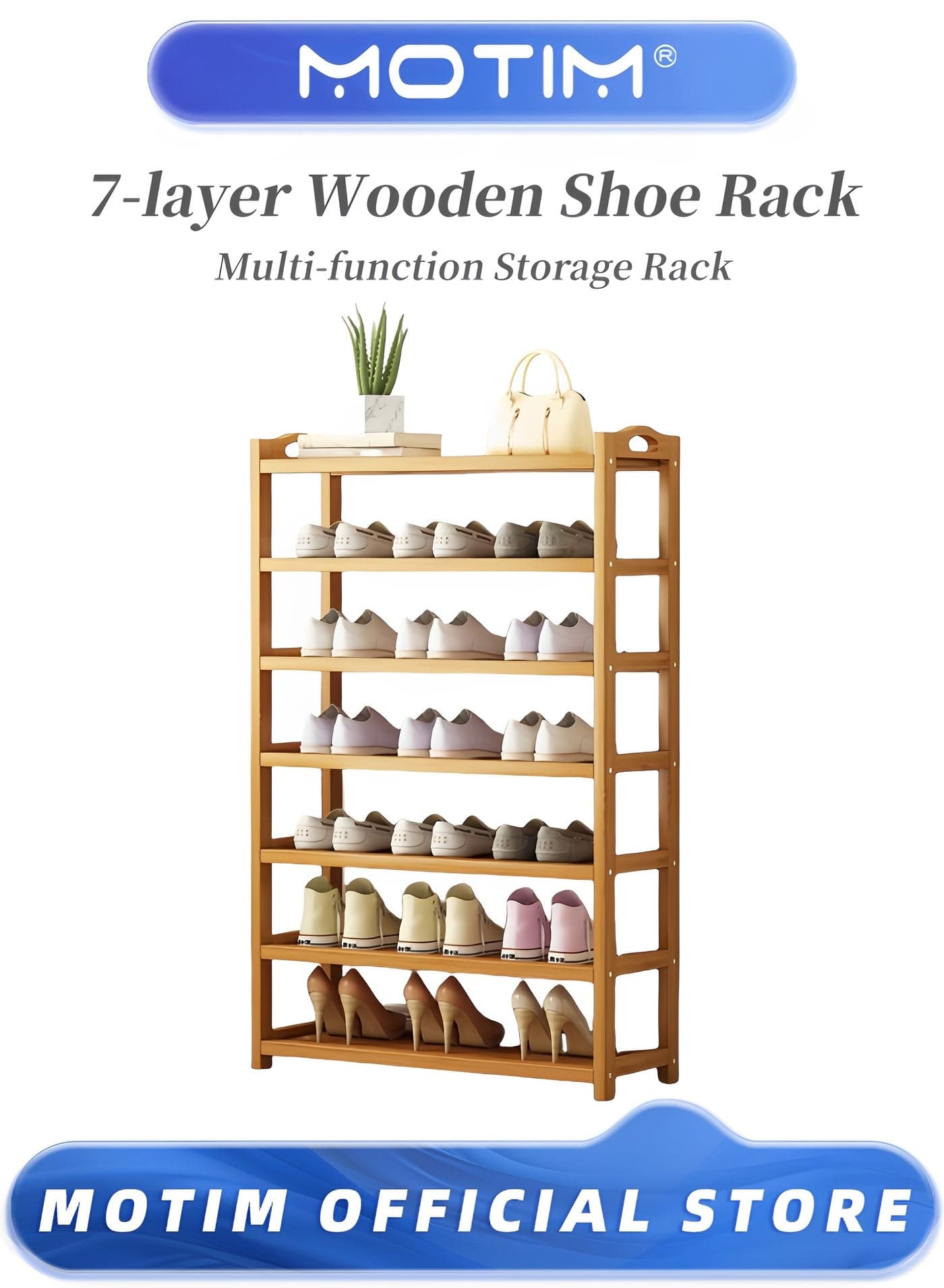 7 Tiers Wooden Shoe Rack Bamboo Shoes Cabinet Multi-Function Shoe Boots Shelf Storage Organizer Free Standing Shoe Stand for Closet Entryway and Hallway