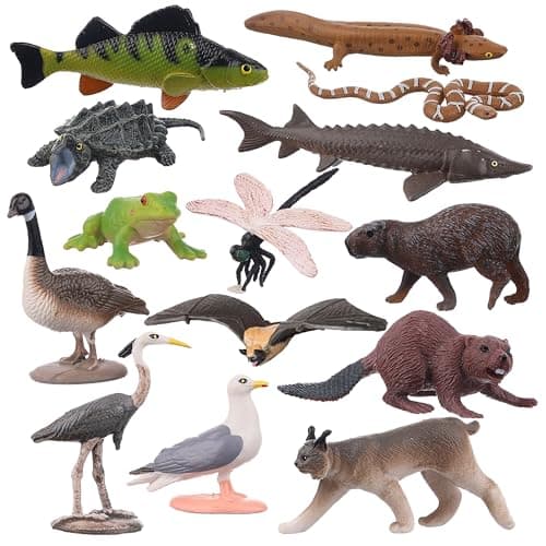 AENIMELY 14PCS Lake Animal Figurines Realistic Canadian Wildlife Toys for Kids North American Animal Models for STEM Learning Cake Toppers Science Projects Educational Gifts